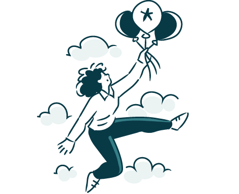 Illustration: Person mit Luftballons strebt empor