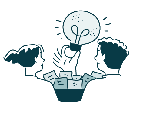 Illustration: Zwei Personen und eine Glühbirne in der Mitte als Ideen-Symbol
